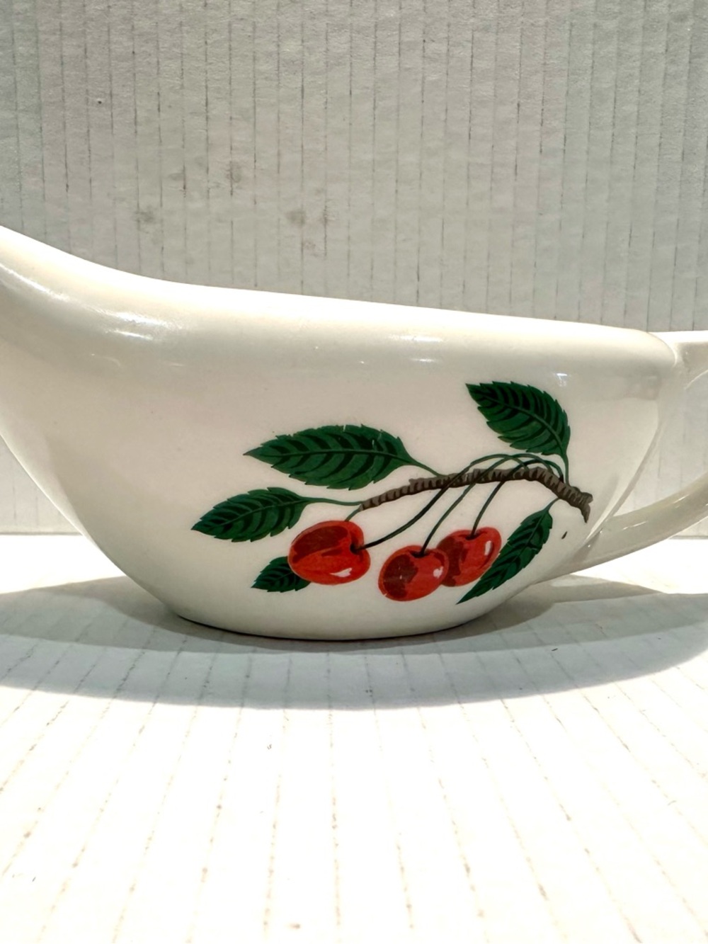 Vintage Knowles White Ceramic Sauceboat Red Cherry and Green Leaves USA 51-8 9”